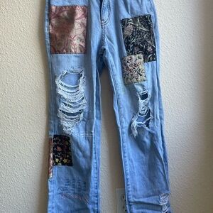 BDG Blue Straight Leg Jeans with Distressed Patches